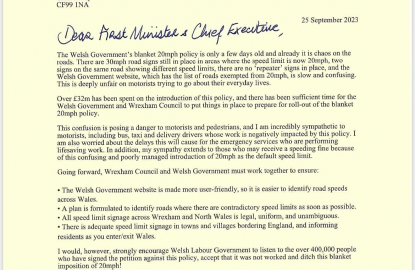 20 mph letter to the Welsh First Minister and the Chief Executive of Wrexham Council 