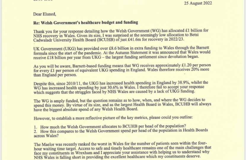 Letter from Sarah Atherton MP to Welsh Government Health Minister