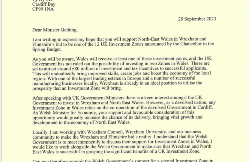 Letter to the Welsh Government’s Minister for Economy