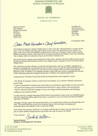 20 mph letter to the Welsh First Minister and the Chief Executive of Wrexham Council 