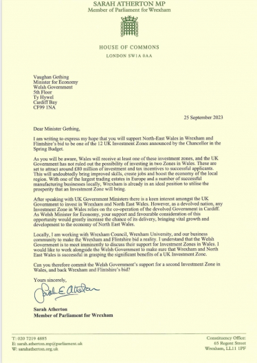 Letter to the Welsh Government’s Minister for Economy